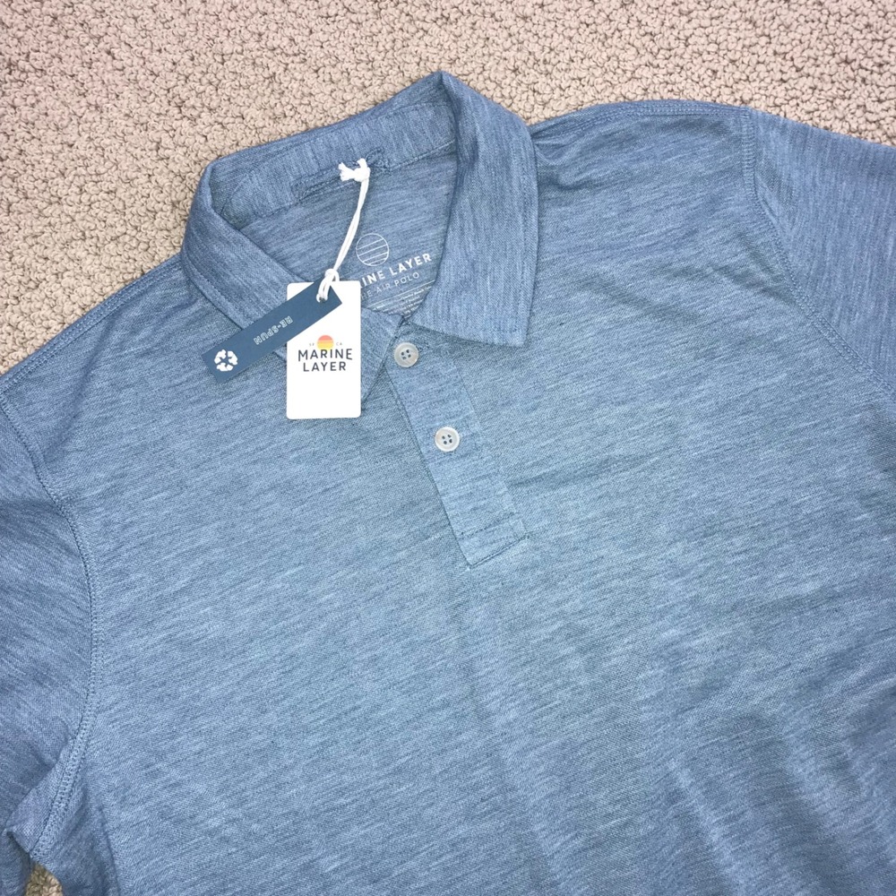 Marine Layer The Air Polo Mens Small Blue Heathered Re-Spun Short Sleeve 17353